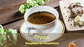  Presentation with asian dumplings in broth bowl - Amazing PPT theme having healing bones - broth with egg backdrop and a tawny brown colored foreground