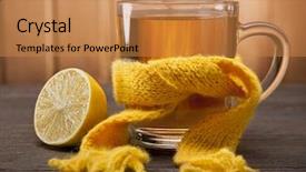  Presentation with healing - Theme having healing glass of tea in a scarf and a lemon on a wooden background background and a gold colored foreground