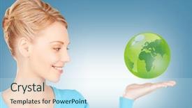  Presentation with green globe - Audience pleasing PPT layouts consisting of healing hands - picture of woman holding green backdrop and a sky blue colored foreground