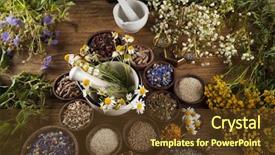  Presentation with mortar - Audience pleasing PPT theme consisting of healing herbs on wooden table mortar and herbal medicine backdrop and a tawny brown colored foreground