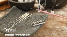  Presentation with needles - Cool new slide deck with healing methord - acupuncture needles on wooden table backdrop and a violet colored foreground