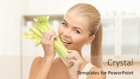  Presentation with celery - Colorful presentation theme enhanced with healtcare food and diet concept - smiling woman biting piece of celery or green salad backdrop and a lemonade colored foreground