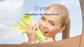  Presentation with celery - Theme enhanced with healtcare food and diet concept - smiling woman biting piece of celery or green salad background and a sky blue colored foreground