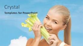  Presentation with celery - Amazing slide set having healtcare food and diet concept - smiling woman biting piece of celery or green salad backdrop and a light blue colored foreground