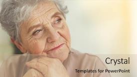  Presentation with elderly health - Slide set having health - depressed elderly woman at home background and a coral colored foreground