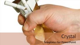  Presentation with crushing - Theme featuring smoking injurious health - man's hand crushing cigarette box background and a coral colored foreground