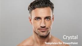  Presentation with photo - Presentation design consisting of health - photo of smiling mature man background and a coral colored foreground