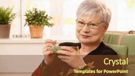  Presentation with tea cup - Amazing presentation having health age - portrait of senior lady drinking backdrop and a  colored foreground