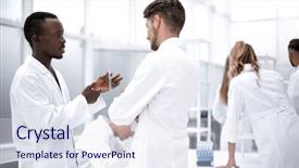  Presentation with students working in groups - Cool new presentation theme with health analist - group of chemistry students working backdrop and a sky blue colored foreground