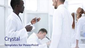  Presentation with chemistry - Presentation design consisting of health analist - group of chemistry students working background and a sky blue colored foreground