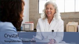  Presentation with female doctor - Colorful presentation design enhanced with health analist - smiling female doctor in consultation backdrop and a ocean colored foreground