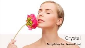  Presentation with peony flower - Amazing presentation having health and beauty concept - lovely woman with pink peony flower and closed eyes backdrop and a lemonade colored foreground