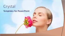  Presentation with peony flower - Audience pleasing theme consisting of health and beauty concept - lovely woman with pink peony flower and closed eyes backdrop and a sky blue colored foreground