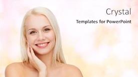  Presentation with skin health - Presentation enhanced with health and beauty concept - smiling young woman touching her face skin background and a white colored foreground