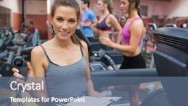  Presentation with gym - Beautiful PPT theme featuring health assessment - happy gym instructor showing stopwatch backdrop and a  colored foreground