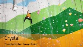  Presentation with business man climbs up to the top of 3d success stairs steps - Presentation design enhanced with health back safety - young man exercising in climbing background and a gold colored foreground