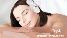  Presentation with hair spa - PPT layouts having health beauty resort and relaxation concept - beautiful woman with flower in her hair in spa salon lying on the massage desk background and a coral colored foreground