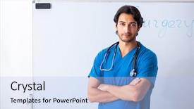  Presentation with whiteboard - Slide set featuring health board meeting - young male doctor in front background and a light blue colored foreground