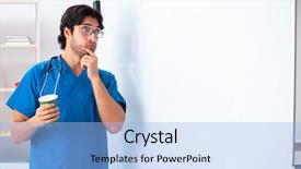  Presentation with ethical doctor - Amazing presentation design having health board meeting - young male doctor in front backdrop and a light blue colored foreground