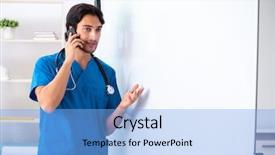  Presentation with whiteboard - Beautiful slide set featuring health board meeting - young male doctor in front backdrop and a light blue colored foreground