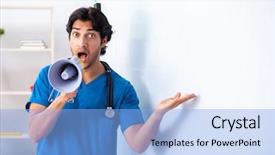  Presentation with whiteboard - Beautiful slide set featuring health board meeting - young male doctor in front backdrop and a  colored foreground