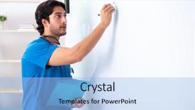  Presentation with board meeting - Presentation design featuring health board meeting - young male doctor in front background and a light blue colored foreground