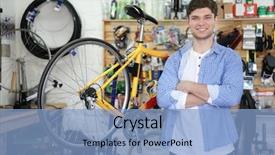  Presentation with repair shop - Cool new theme with health business - young man working in bicycle backdrop and a light blue colored foreground