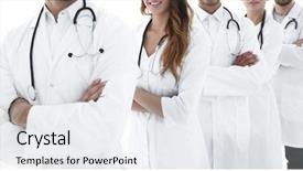  Presentation with professional - Presentation design enhanced with health care coference - professional team of doctors therapists background and a  colored foreground