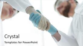  Presentation with hand shake telephone - Colorful slide deck enhanced with health care contracts - closeup two scientists shake hands backdrop and a white colored foreground