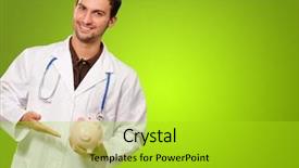  Presentation with piggy bank - Beautiful PPT theme featuring health care cost - young doctor holding a piggy backdrop and a  colored foreground