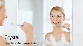  Presentation with dental hygiene - Presentation theme featuring health care dental hygiene people and beauty concept - smiling young woman with toothbrush cleaning teeth and looking to mirror at home bathroom background and a lemonade colored foreground