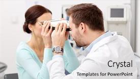  Presentation with eye medicine - Presentation theme featuring health care medicine people eyesight and technology concept - optometrist with pupilometer checking patient intraocular pressure at eye clinic or optics store background and a light gray colored foreground