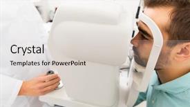  Presentation with technology health - Slides having health care medicine people eyesight and technology concept - close up of optometrist with autorefractor checking patient vision at eye clinic or optics store background and a lemonade colored foreground