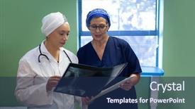  Presentation with healthcare workers - Slide set with health care organization - front view of multi ethnic background and a navy blue colored foreground