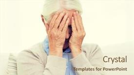  Presentation with grief - Colorful PPT layouts enhanced with health care pain stress age and people concept - senior woman suffering from headache or grief backdrop and a lemonade colored foreground