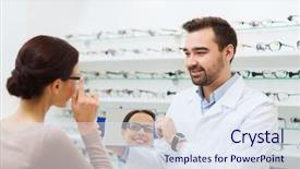  Presentation with eyesight - Colorful slides enhanced with health care people eyesight and vision concept - optician and woman in glasses looking to mirror at optics store backdrop and a sky blue colored foreground
