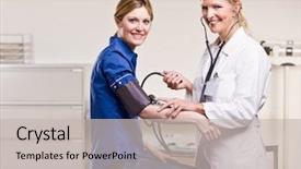  Presentation with blood pressure - Slide deck featuring health care provider - doctor checking woman blood pressure background and a soft green colored foreground