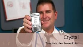  Presentation with health care reform - PPT theme featuring health care reform - doctor holds a cell phone background and a coral colored foreground