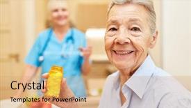 Presentation with happy retirement - Slides enhanced with health care social work - happy senior woman with pills background and a coral colored foreground