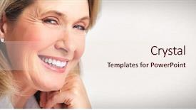  Presentation with grey - PPT theme having health care stress - senior smiling woman portrait background and a sky blue colored foreground