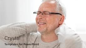  Presentation with home health care - Presentation theme enhanced with health care stress old age and people concept - senior man suffering from neckache at home background and a mint green colored foreground