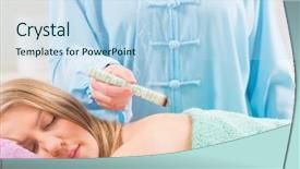  Presentation with alternative medicine - Presentation design featuring health care tcm - alternative medicine therapist doing moxa background and a  colored foreground