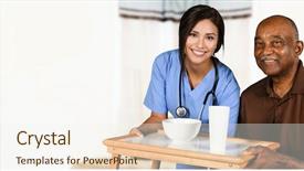  Presentation with elderly health - PPT theme enhanced with health care worker helping background and a sky blue colored foreground