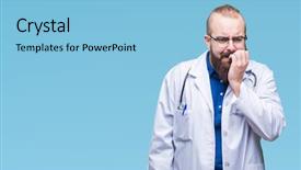  Presentation with medical robot hand and doctor - Colorful theme enhanced with health challenge - young caucasian doctor man wearing backdrop and a light blue colored foreground