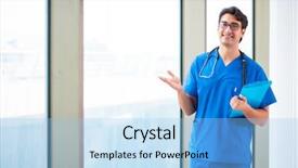  Presentation with doctor in hospital health insurance related icons healthcare person saving medical - Presentation enhanced with health clinic - young handsome doctor working background and a light blue colored foreground