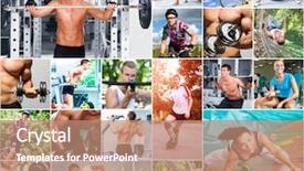  Presentation with people collage - Colorful presentation theme enhanced with health collage - sports lifestyle concept people backdrop and a coral colored foreground