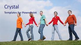  Presentation with conveyor chain and conveyor belt - Cool new presentation design with health community - people chain go on meadow backdrop and a sky blue colored foreground