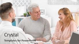  Presentation with contract - Colorful PPT theme enhanced with health consulting - middle aged couple signing contract backdrop and a light gray colored foreground