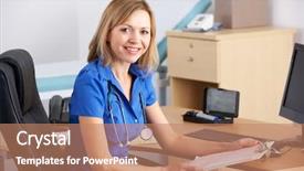  Presentation with desk - Presentation design enhanced with health consulting - portrait uk doctor sitting background and a coral colored foreground