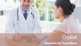  Presentation with doctor office - Cool new PPT theme with health consulting - smiling doctor taking the heartbeat backdrop and a coral colored foreground